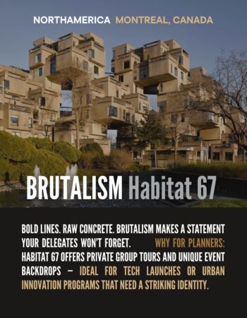 Montreal's Habitat 67: Brutalist Architecture for Striking Tech and Innovation Events Habitat 67 Brutalist architecture in Montreal, Canada, featuring stacked, bold concrete blocks.