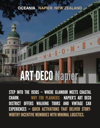 Napier Art Deco District: Vintage Charm for Story-Worthy Incentive Memories Art Deco buildings in the Napier, New Zealand district with vintage cars.