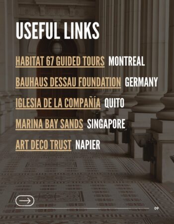 MICE Planner Resources: Links to Featured Architectural Icon Venues Useful Links for architectural venues, including Habitat 67, Bauhaus Dessau, Iglesia de la Compañía, Marina Bay Sands, and Art Deco Trust.