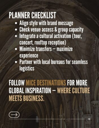 MICE Event Checklist: Essential Steps for Architectural Incentive Planning Planner Checklist for MICE events focusing on aligning style, checking capacity, integrating cultural activation, minimizing transfers, and partnering with local bureaus.